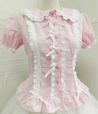 Summer Japanese Lolita Sweet Girls Short-sleeved Tops Women Goth Lace Bow Shirt Single-breasted Blouse Doll Collar Slim Tees New