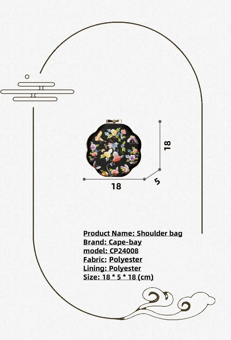 Cape-Bay Embroidered Women's Bag with Cheongsam, Chinese Classical Flower Embroider Small Bag Flower Cloth Bag, Gold Edged Gold Lock Chain Bag, Fashionable Niche Black Flower Cloth Bag, Banquet Party Casual Shoulder Bag, Cros
