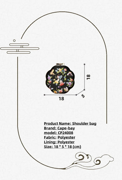 Cape-Bay Embroidered Women's Bag with Cheongsam, Chinese Classical Flower Embroider Small Bag Flower Cloth Bag, Gold Edged Gold Lock Chain Bag, Fashionable Niche Black Flower Cloth Bag, Banquet Party Casual Shoulder Bag, Cros