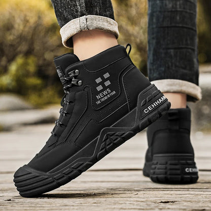 Original Black Leather Ankle Boots For Men Outdoor Non-slip Work Boots Men's Motorcycle Boots Platform High Top Bikers Shoes Man