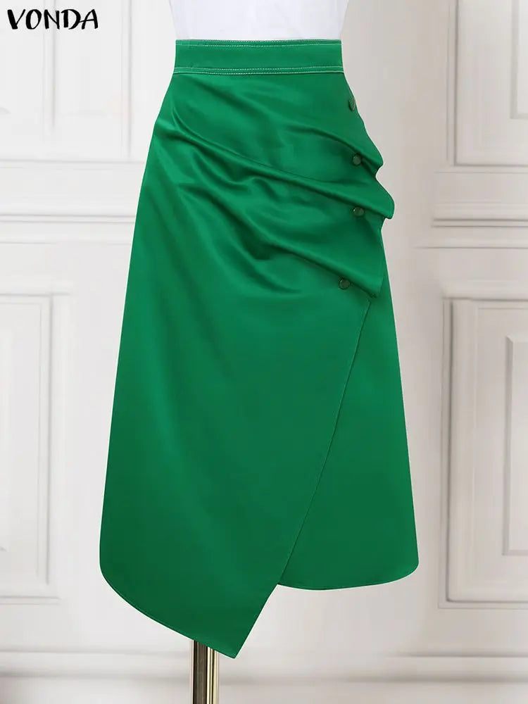 VONDA Plus Size 5XL Elegant Women Satin Skirts High Waist Button Pleated Asymmetrical Maxi Jupes Fashion Solid Long Faldas Saia