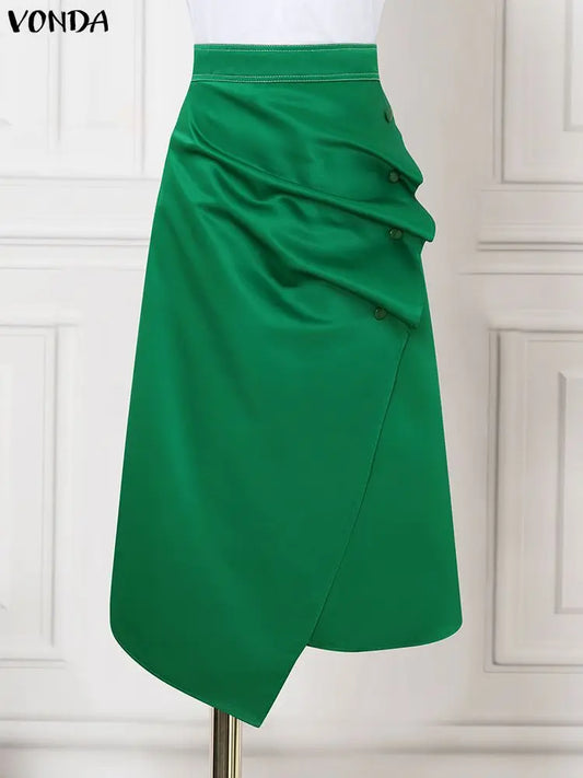 VONDA Plus Size 5XL Elegant Women Satin Skirts High Waist Button Pleated Asymmetrical Maxi Jupes Fashion Solid Long Faldas Saia