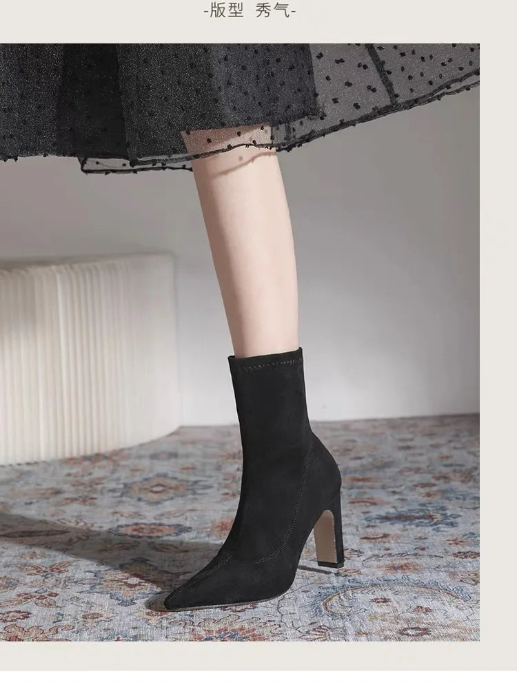 Women Boots Short High Heels Shoes for Women Autumn Winter Botas Mujer Ankle Boots Black Sock Women Heels Boots Female D220