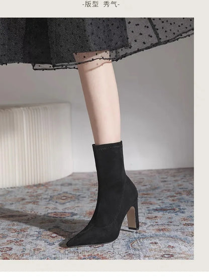 Women Boots Short High Heels Shoes for Women Autumn Winter Botas Mujer Ankle Boots Black Sock Women Heels Boots Female D220