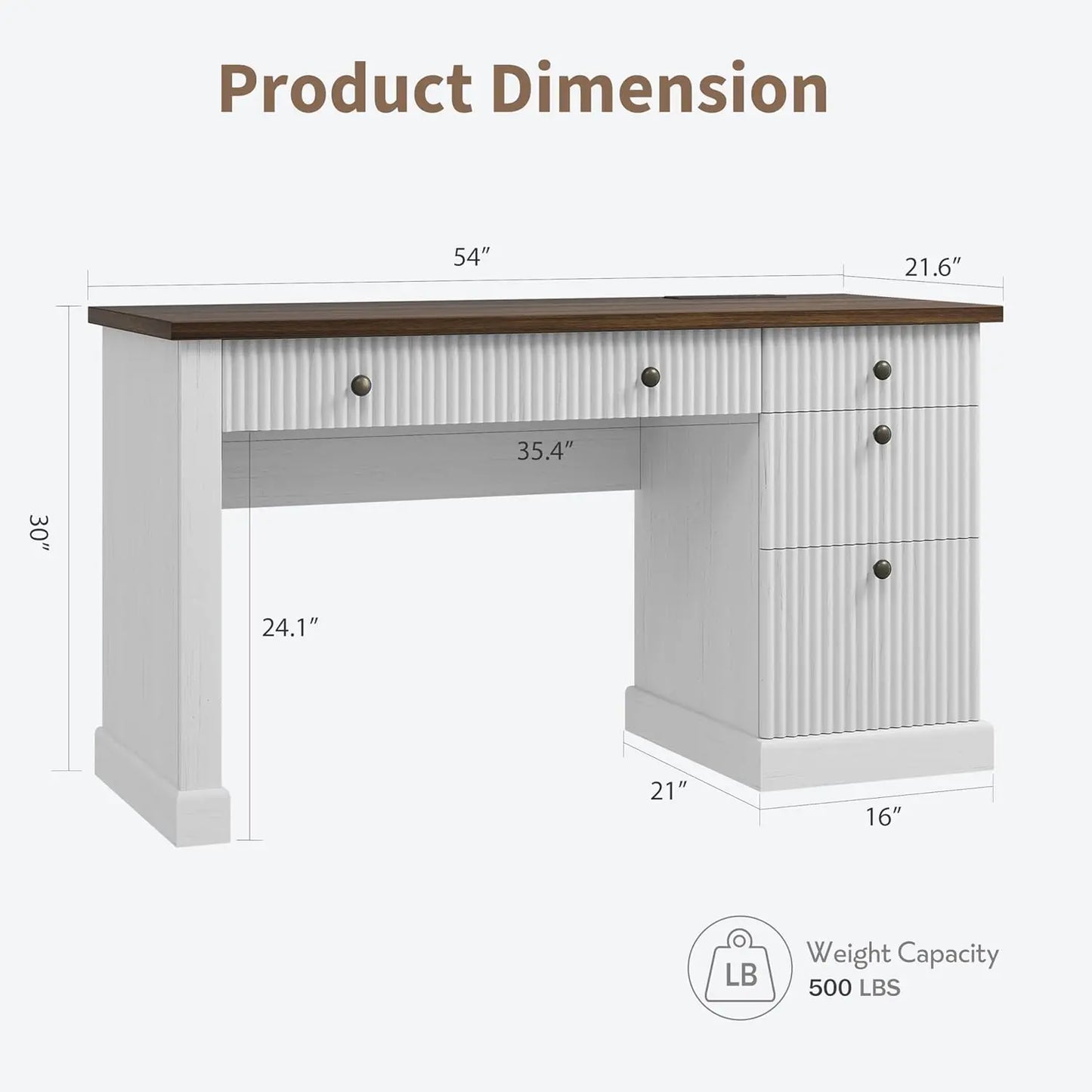 54" Modern Executive Desk with Charging Station Fluted Wood Computer Desk with File Cabinet & Drawers Home Office Furniture