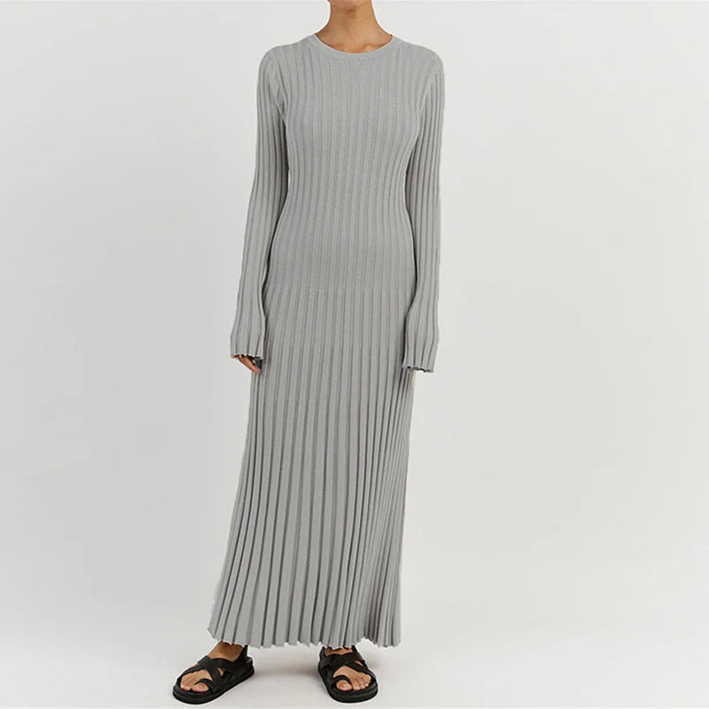 90s Vintage Tie Waist Dress Women Elegant Ribbed Knit Full Sleeve Maxi Dress Crew Neck Bodycon Pencil Long Dress Streetwear