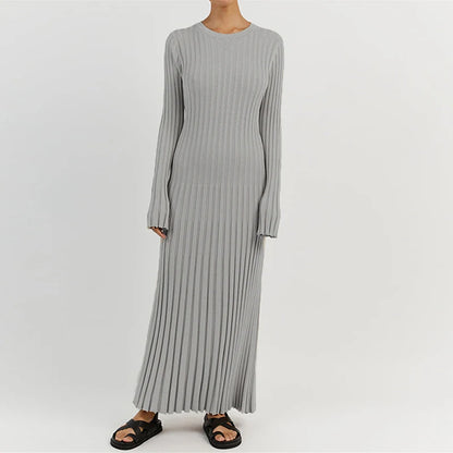 90s Vintage Tie Waist Dress Women Elegant Ribbed Knit Full Sleeve Maxi Dress Crew Neck Bodycon Pencil Long Dress Streetwear