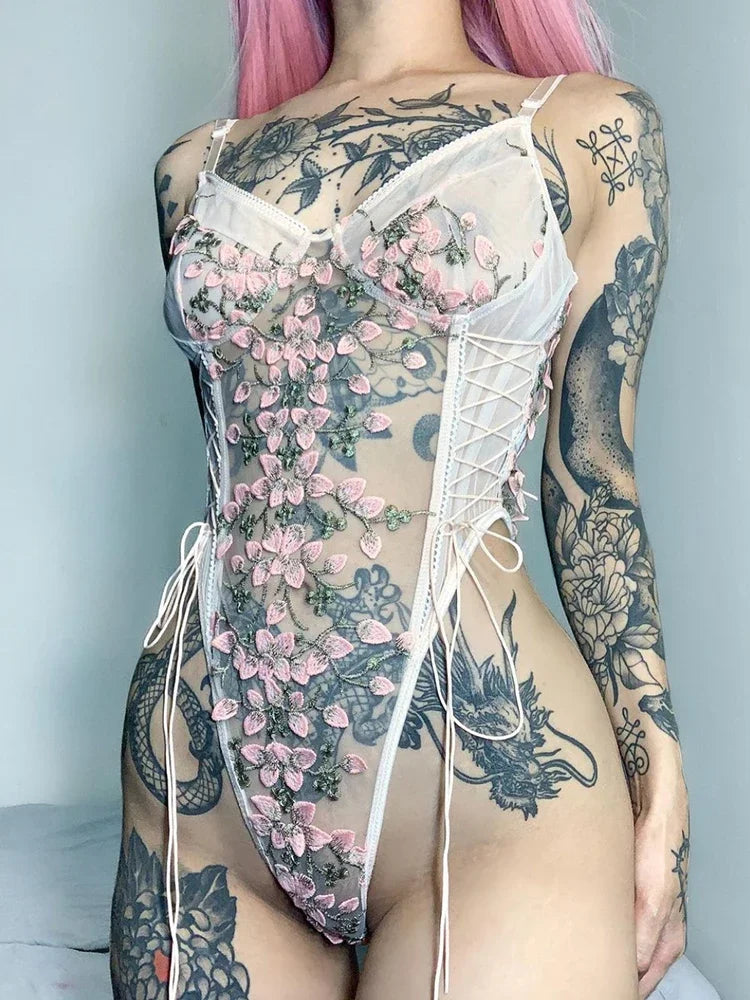 Retro 2024 New Gothic Sexy Mesh Romper Women Punk Aesthetic Fairycore Grunge Emo Floral Embroidery See Through Lingerie Jumpsuit