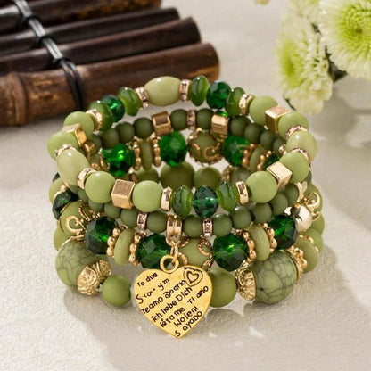 4pcs/set Boho Strand Bracelets For Women Crystal Beads Bracelets Heart Letter Elastic Bangles Wristband Yoga Jewelry Gifts