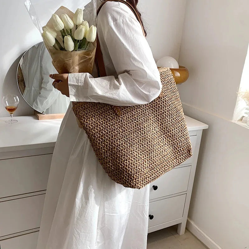 Hand-woven Women's Shoulder Handbag Bohemian Fashion Straw Beach Tote Bag Travel Shopper Weaving Shopping Bags