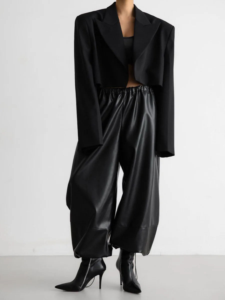 Autumn Women Pu Leather Elastic Waistband Lantern Pants Lady Casual Loose Shiny PU Trousers Trend Fashion Street Long Pants 2025