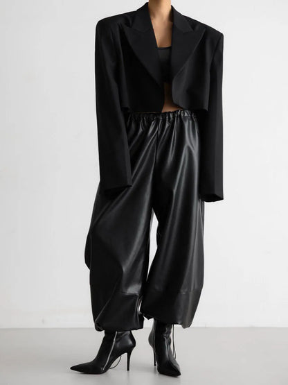 Autumn Women Pu Leather Elastic Waistband Lantern Pants Lady Casual Loose Shiny PU Trousers Trend Fashion Street Long Pants 2025
