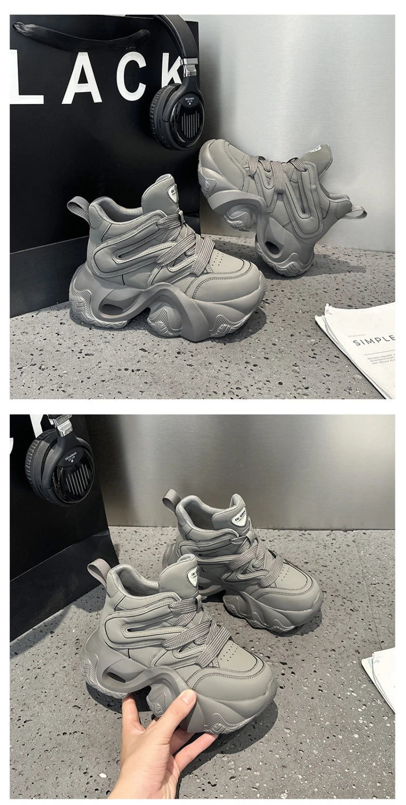 Chunky Platform Hidden Height Increasing Sneakers Casual Lace Up Shoes In White And Grey With Hollow Out Design For Streetwear