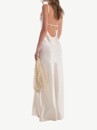 Lace Patchwork Sling Women's Dress Sexy Solid V-neck Sleeveless Backless Stain Female Maxi Dress 2026 Elegant Summer Party Gowns