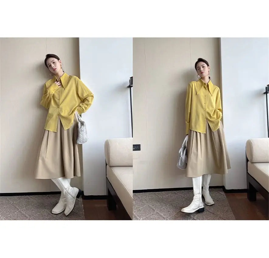 Spring Autumn New Elegant Long Sleeve Loose Shirt Tops Solid Color All-match Fashion Blouse Temperament Korean Women Clothing