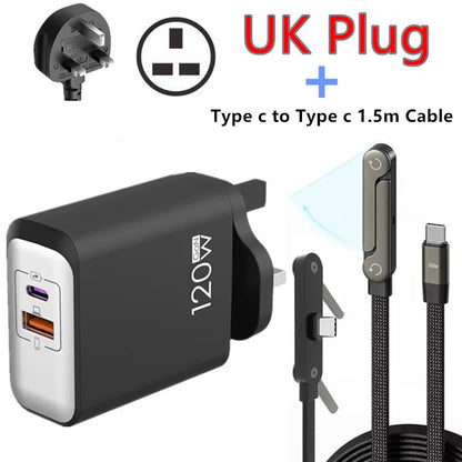 120W PD Fast Charger Type C Quick Charge USB C Wall Charger Adapter For iPhone 17 16 15 Samsung Xiaomi OPPO 2-in-1 Data Cable﻿﻿