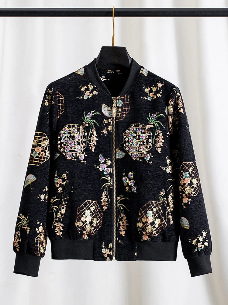 Luxury Beaded Black Jacquard Bomber Jacket Women Vintage Stand Collar Baseball Coat Elegant Embroidered Rhinestone Outerwear