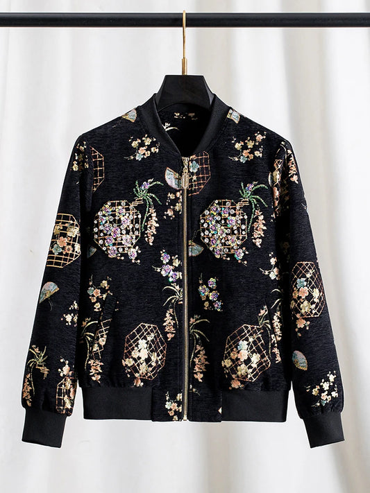 Luxury Beaded Black Jacquard Bomber Jacket Women Vintage Stand Collar Baseball Coat Elegant Embroidered Rhinestone Outerwear