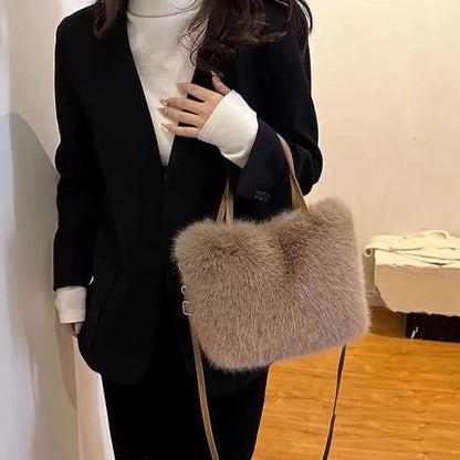 Fahion Faux Fur Tote Bag Women's Bucket Plush Luxury Design Ladies Handbags Winter Crossbody Shoulder Bags