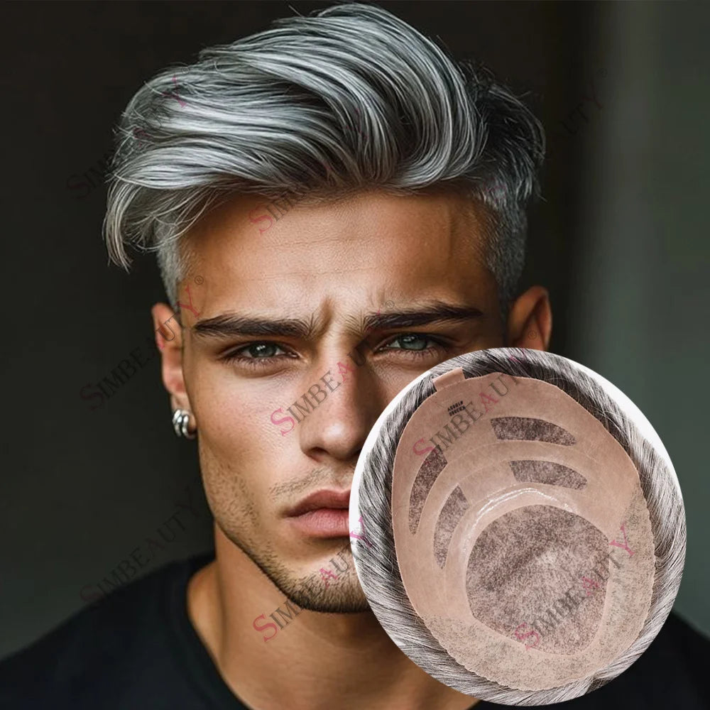 Durable Mens Wig NPU Bond Mono Pu Front Hair Replacement System Breathable Lace Mix Brown Grey 1B80 565# Human Hair Prosthesis