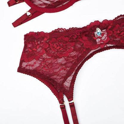 Sexy Bodysuit Sets Elegant Newest Product Diamond Decoration Grain Sexy Lace Hollow Out Design Underwear Set With Steel Rim UBNS