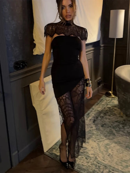 Black Lace Patchwork Strapless Dress Women Sexy Cape Shawl Waist Cinching Slim Mini Dresses Lady 2026 Evening Club Party Gowns