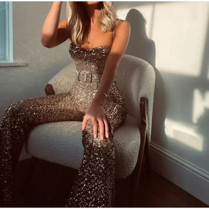 Fashion Wide Leg Sequin Jumpsuits Women Spring Backless Sleeveless Overall with Belt Female Elegant High Waist Chic Streetwear
