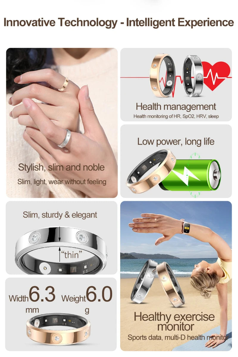 2025 Smart Ring Women Men Super narrow 6.3mm Heart Rate Health Stress measurement Monitor IP68 Waterproof Fashion Sports Rings