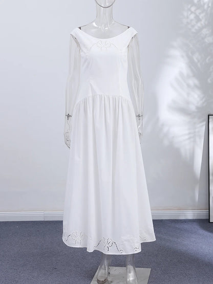 Minimalist White Boat Neck Midi Dress Women Elegant Cap Sleeve A-line Flare Eyelet Embroidery Vestido Wedding  Formal Party Gown