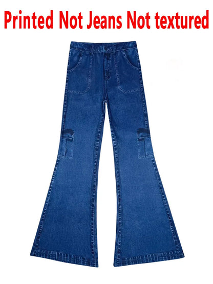 8175 [Printed Pants - Not Faux Denim Fabric][Imitation Faux Denim Flare Pants] Printed Flare Trousers Without Texture