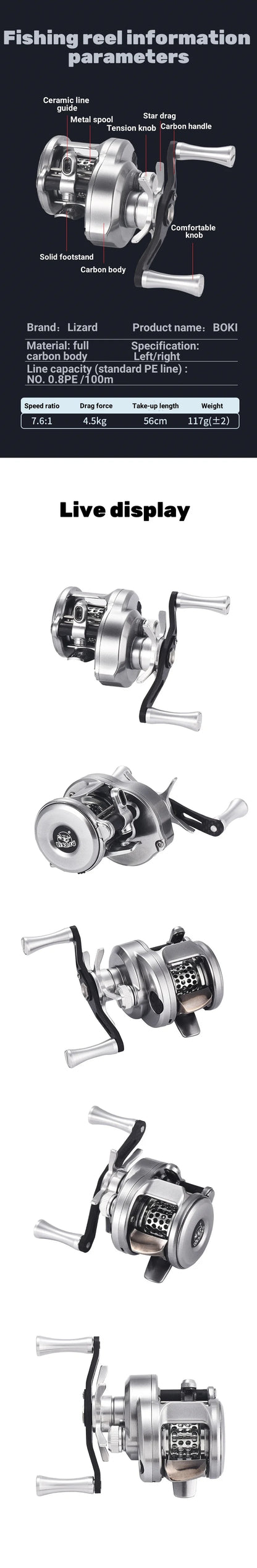 Lizard Fishing BOKI Micro Drum Baitcaster Reel with Weighs 118g 7.6:1 Speed Ratio Carbon Body Shallow Spool Baitcasting Reel