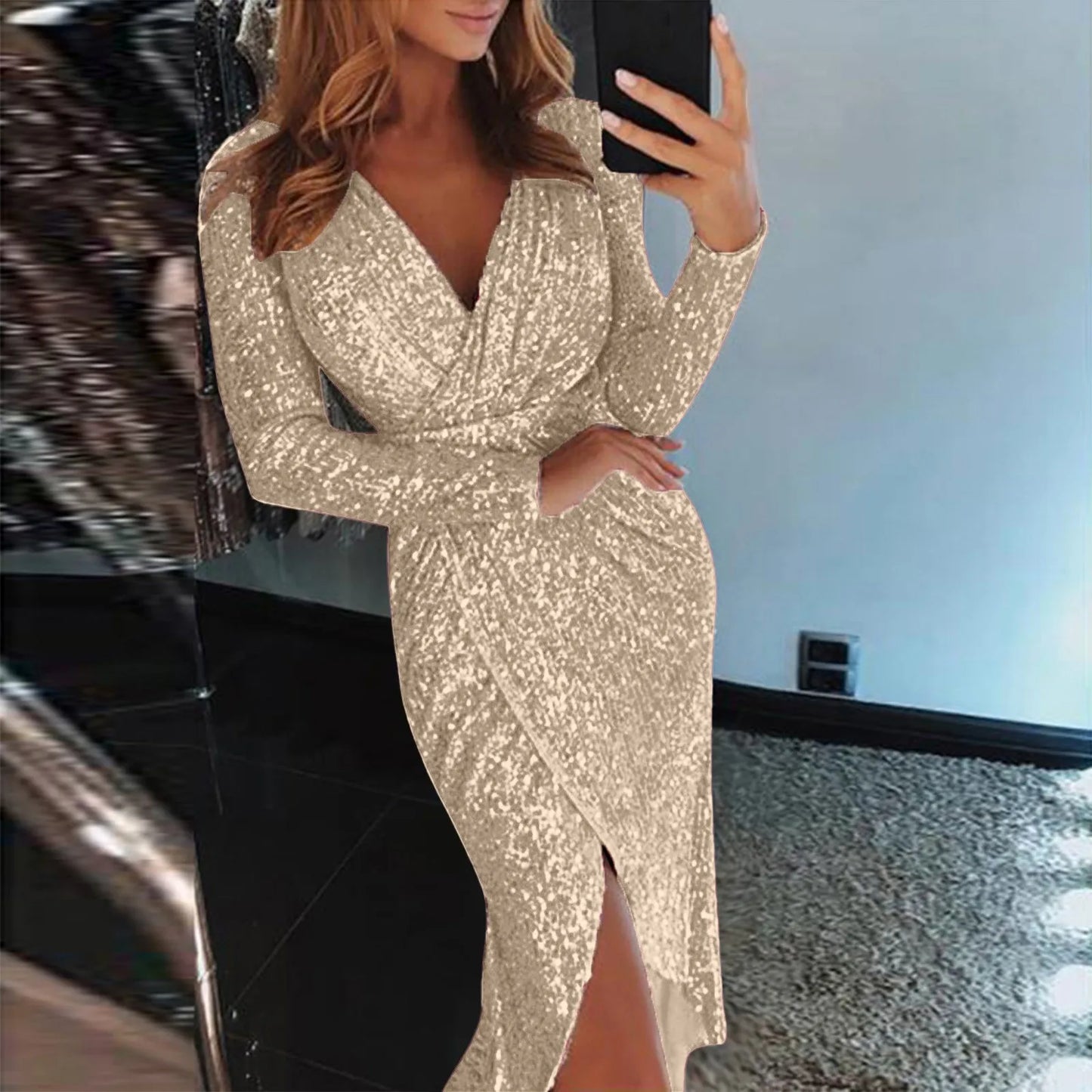 2024 Autumn Winter Gold Sliver Pink Sequined Party Dress Women Front Split Bodycon Party Vestidos Bling Clubwear Dress Vestidos