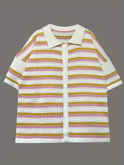 2026 Spring Summer Casual Beach Woolen Suit Fashionable Color-blocked Short-sleeved Striped Top And Loose Shorts Two-piece Set