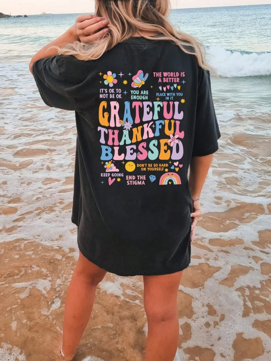 Grateful Thankful Blessed Printing Women T-Shirts Summer Casual Cotton Tee Shirts Fashion Streetwear Loose O-Neck Female Tops