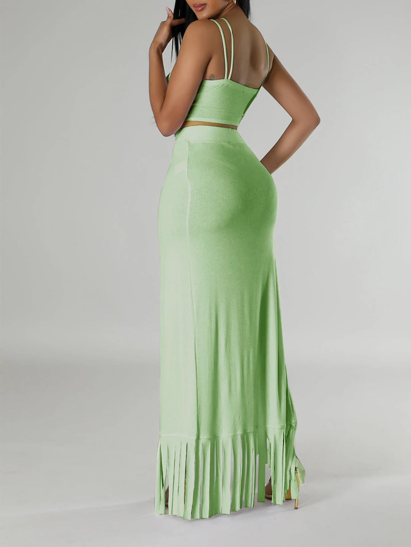 Summer Y2K Two Piece Set Cross Strap Crop Top and Fringe Split Skirt Fashion Casual Beach Party Outfit Women Clothing