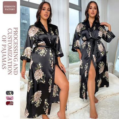 Plus Size Women's Satin Like Nightgown Fashion Long Maxi Sleep Dress100kg Floral Print Loose Fit Robe for Curvy Girls Loungewear