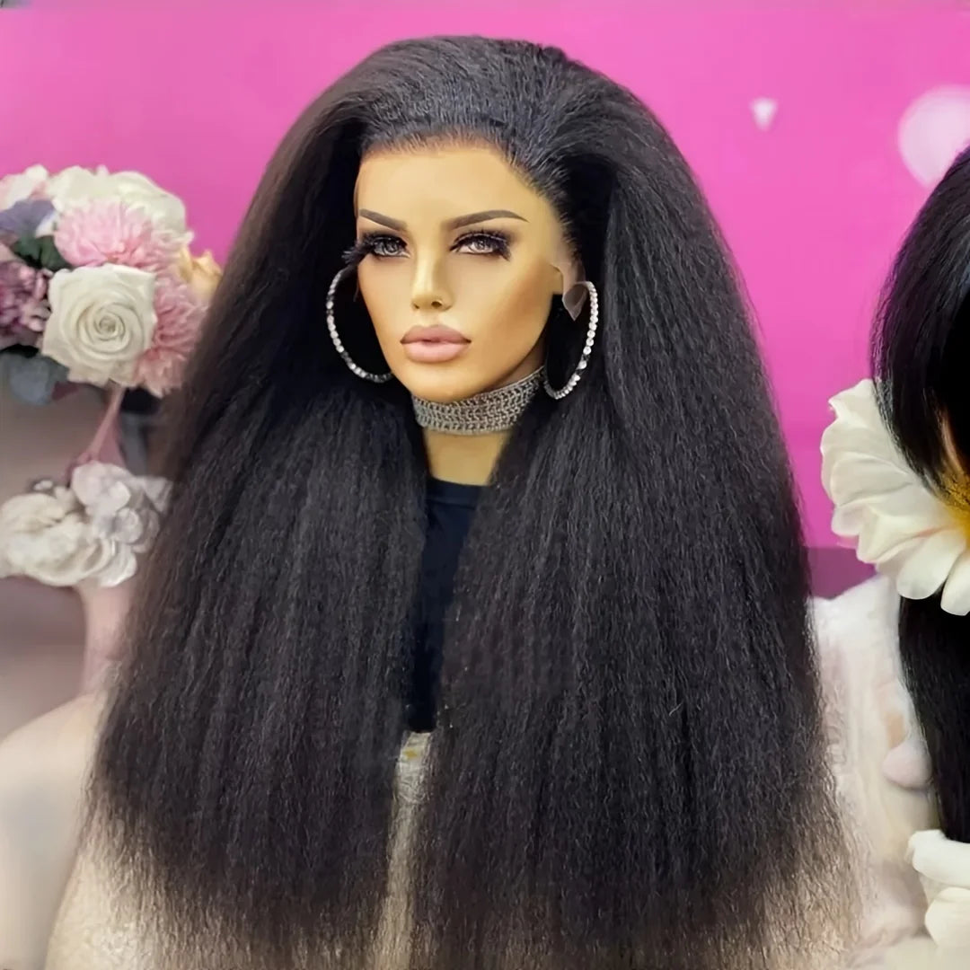 Natural Black Yaki 26Inch Kinky Straight Soft Long Lace Front Wig For Black Women Synthetic Preplucked Glueless Baby Hair Daily