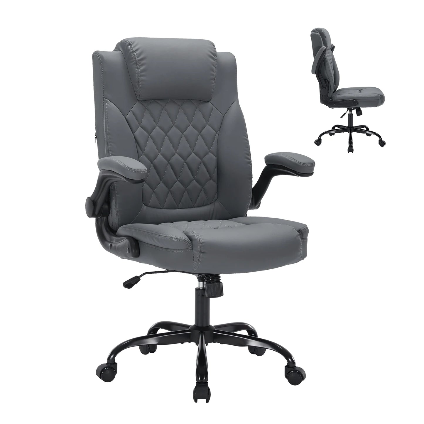 Heavy-Duty Leather Executive Office Chair Ergonomic Desk Chair with Lumbar Support, Flip-Up Arms, Tilt Lock & Swivel Wheels
