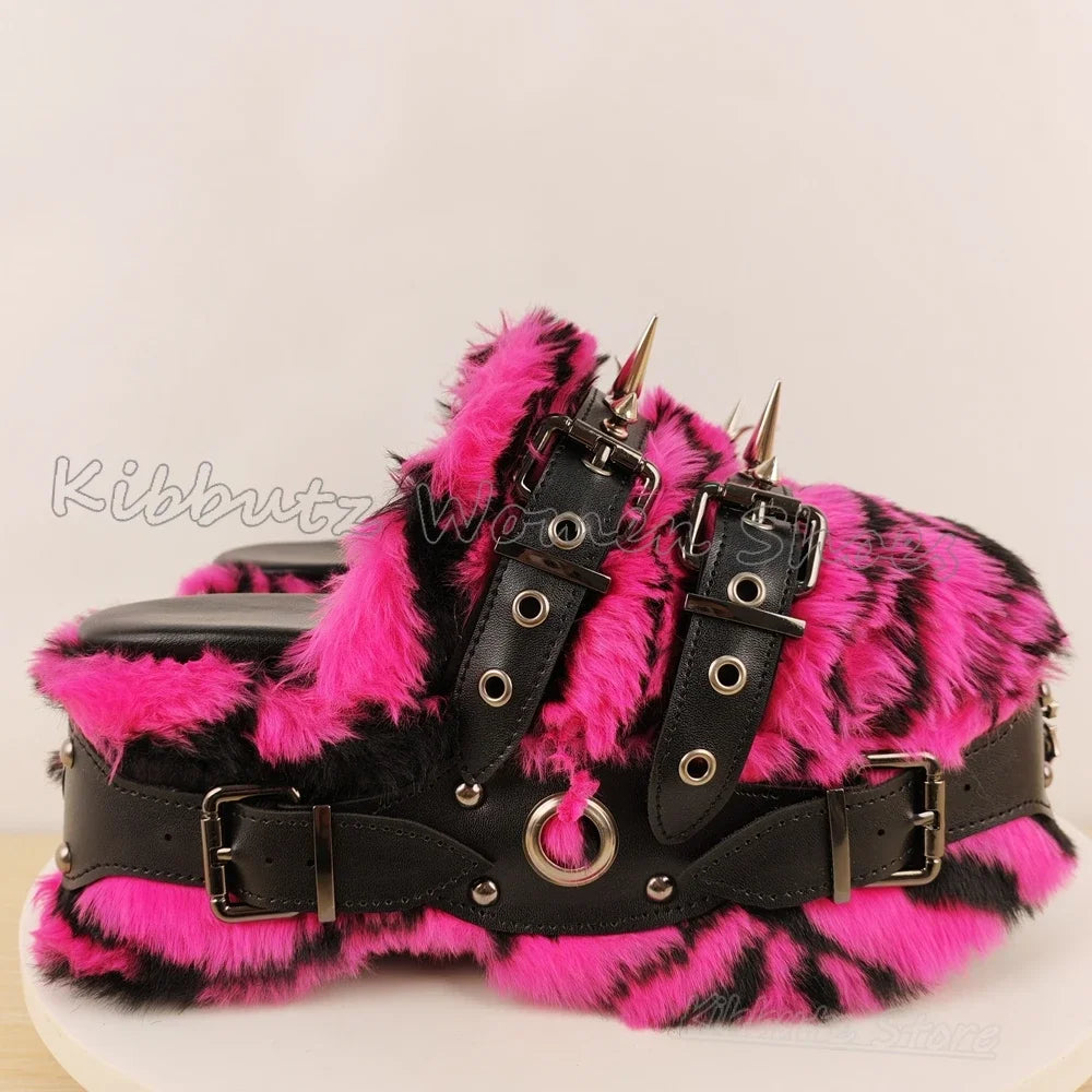 Rivets Slipper Furry Sandals Platform Round Toe Thick Bottom Spicy Girl Shoes Punk Rock Novelty Fashion Luxury Elegant Concise