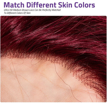 99J Red Burgundy Colored Lace Frontal Human Hair Wigs 13X6 HD  Straight Lace Front Wig250 Density Pre Plucked  Human Hair Wig