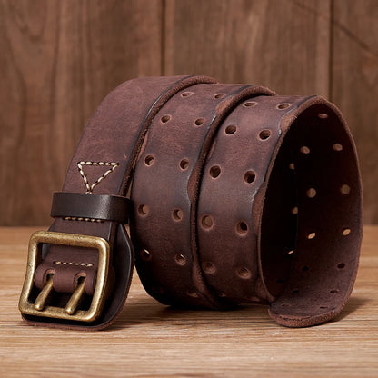 3.8CM Original Handmade Double-needle Buckle Men Belt Washed Water Made Old Macho Jeans Belt Genuine Leather Army Tactical Belt