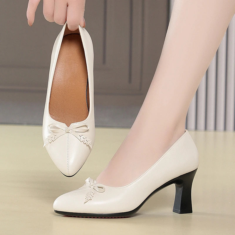 Womens Elegant Bow Decor Block Heel Pumps Smooth Faux Leather Upper Pointed Toe Design Comfort Cushioned Insole NonSlip Outsole