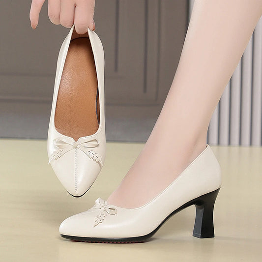 Womens Elegant Bow Decor Block Heel Pumps Smooth Faux Leather Upper Pointed Toe Design Comfort Cushioned Insole NonSlip Outsole