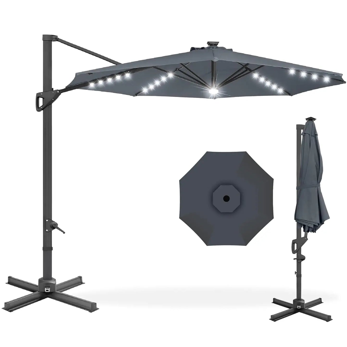 10ft Solar LED Cantilever Patio Umbrella, 360-Degree Rotation Hanging Offset Market Outdoor Sun Shade for Backyard,, Customized