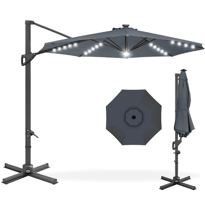 10ft Solar LED Cantilever Patio Umbrella, 360-Degree Rotation Hanging Offset Market Outdoor Sun Shade for Backyard,, Customized