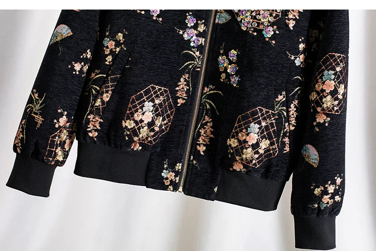 Luxury Beaded Black Jacquard Bomber Jacket Women Vintage Stand Collar Baseball Coat Elegant Embroidered Rhinestone Outerwear