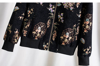 Luxury Beaded Black Jacquard Bomber Jacket Women Vintage Stand Collar Baseball Coat Elegant Embroidered Rhinestone Outerwear