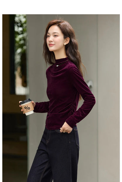 VIMLY Women's Red Velvet T-shirt Casual Knitted Slim Fit Tops Winter 2026 Vintage Mock Neck Folds Long Sleeve Ladies Tees A3305