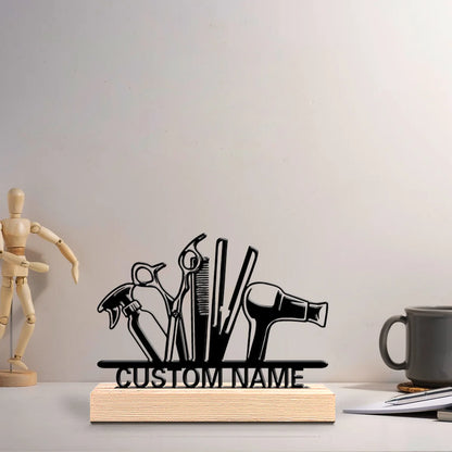 1pc Beauty Personalized Custom Hairstylist Metal Statues Metal Art With Wooden Base  Suitable For Hairdressers Offices Desktop