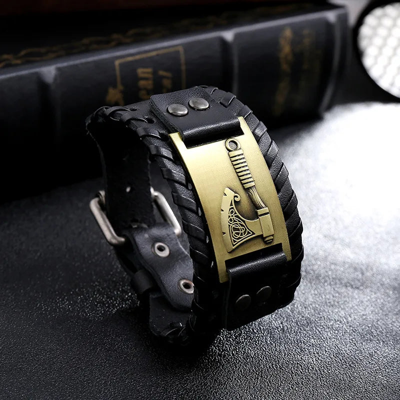 Trendy Wide Edition Leather Woven Rune Viking Tomahawk Bracelet Charm Man Bracelet New Fashion Hip Hop Punk Jewelry Accessories
